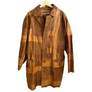 Vintage Davoucci Patchwork Leather Long Trench Jacket Pants Set Brown 2XL 38